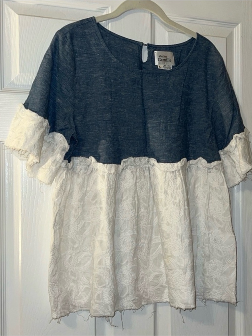 Two-Tone Navy and White Lace Peasant Blouse